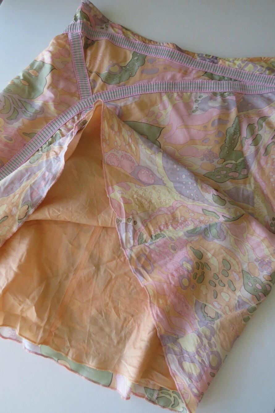Vintage 2000s Armani Exchange Silk Skirt, Pastel Psychedelic Print, Pink Green S